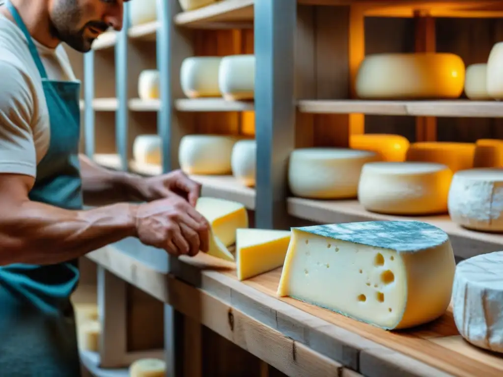 Artesano elaborando queso Gorgonzola: tradición italiana Un maestro quesero artesanal elaborando auténtico queso Gorgonzola en una granja italiana rústica