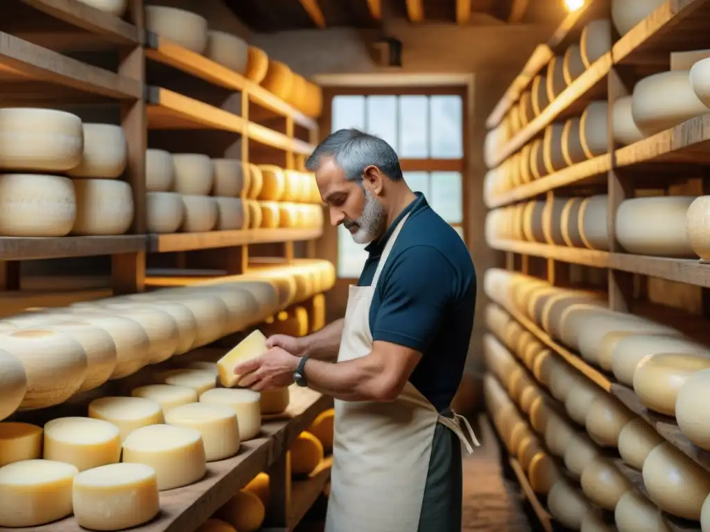 Un maestro quesero en una bodega italiana elaborando Parmigiano Reggiano