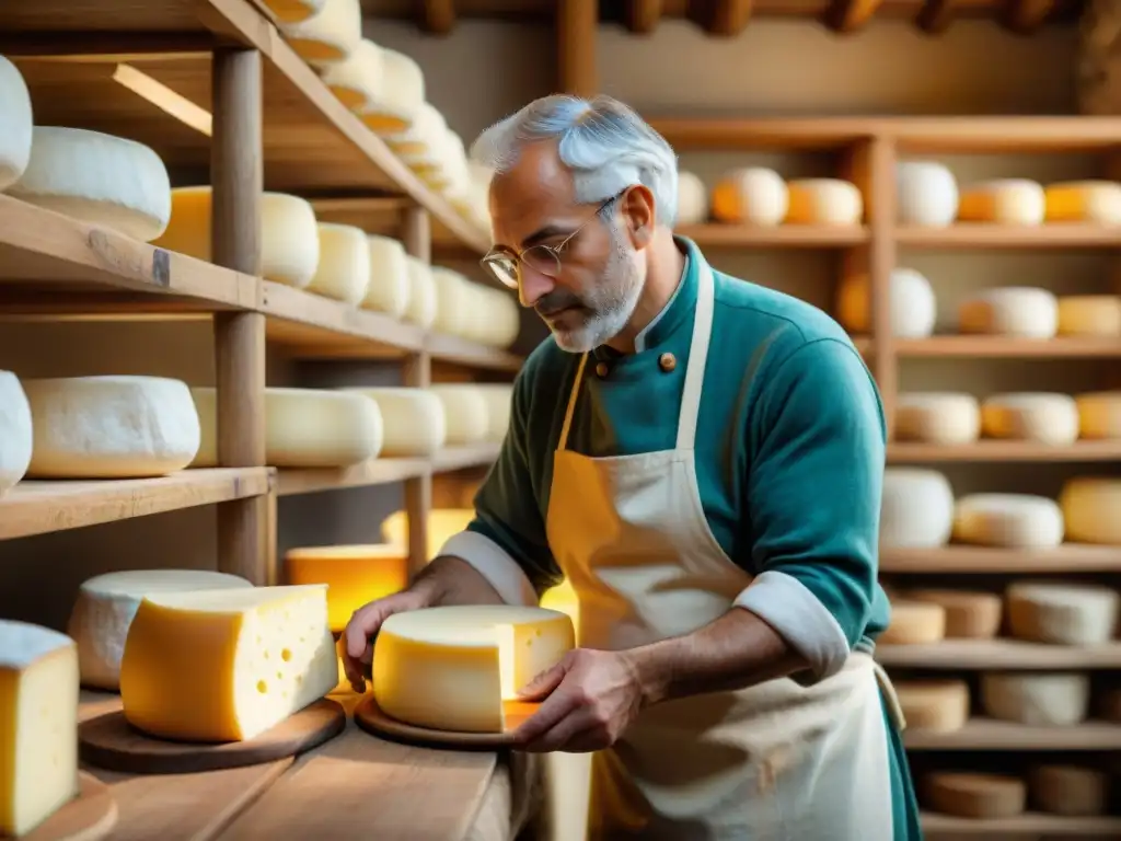 Un maestro quesero en una bodega tradicional italiana en una isla, creando quesos italianos con sabores únicos