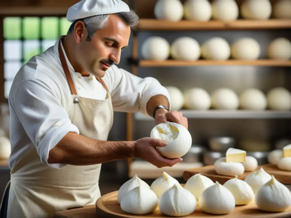 Un maestro quesero elaborando burrata auténtica para disfrutar, con técnica y pasión en una quesería italiana artesanal