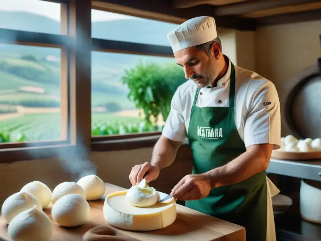 Maestro quesero elaborando una burrata en granja italiana, reflejando tradición y técnica