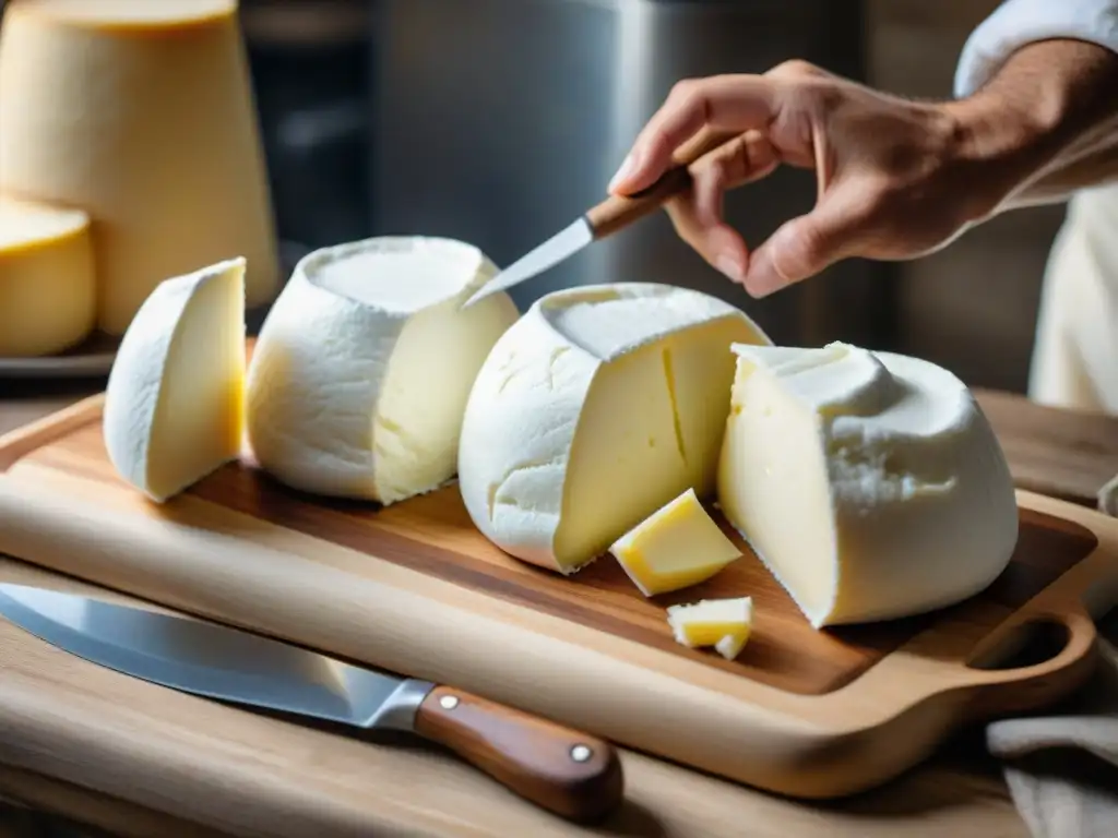 Un maestro quesero moldea la burrata en una granja tradicional italiana