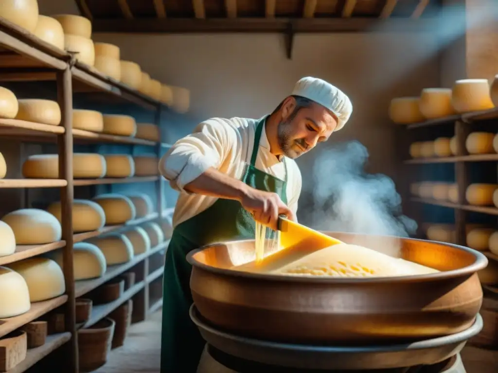 Un maestro quesero remueve con cuidado una enorme caldera de cobre con leche cuajada, rodeado de quesos Parmigiano Reggiano envejecidos