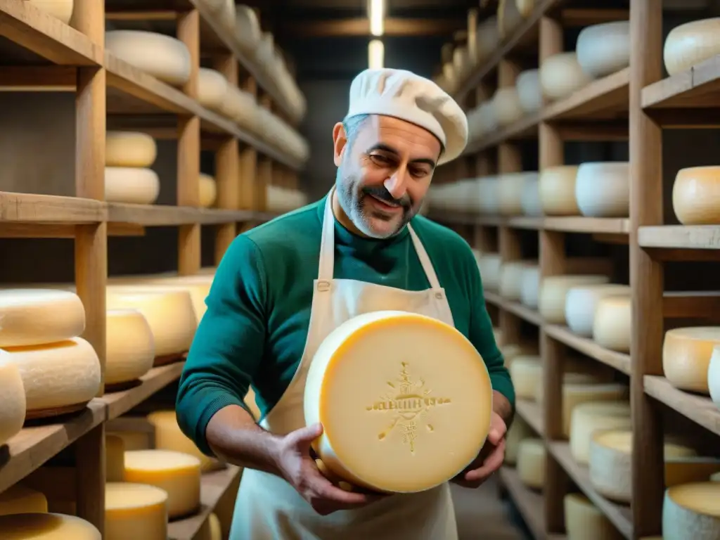 Un maestro quesero examina con cuidado una rueda de Parmigiano Reggiano en una bodega tradicional italiana