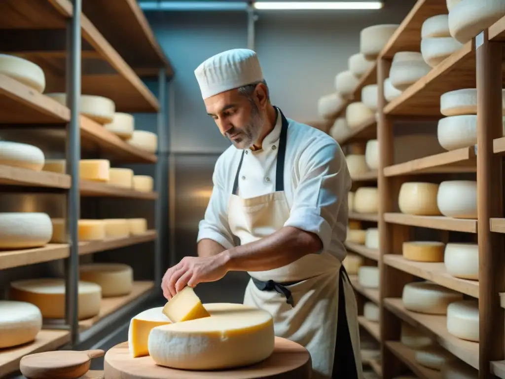 Un maestro quesero moldea con cuidado una rueda de queso Montasio, destacando la artesanía tradicional