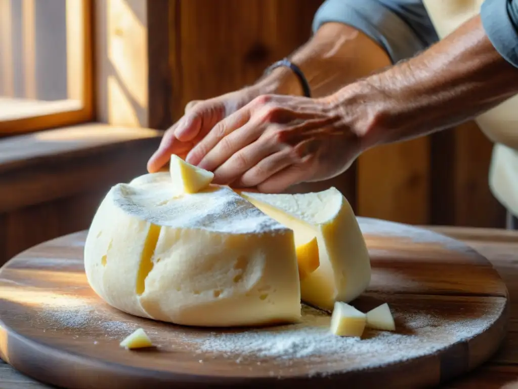 Un maestro quesero amasando curds de queso Pecorino Sardo fresco en una mesa rústica, con luz solar brillante