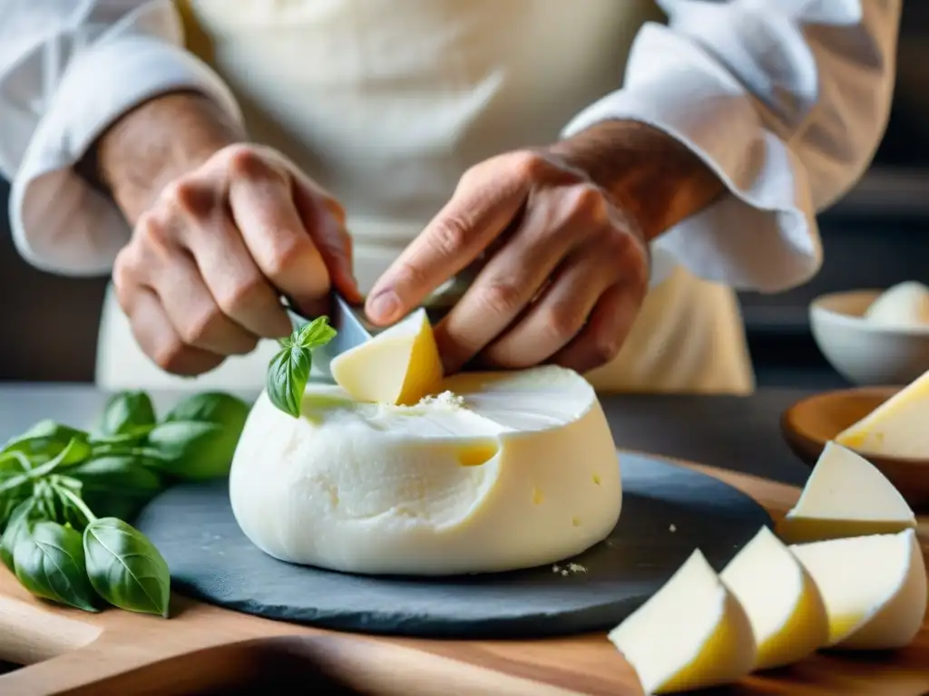 Un maestro quesero moldea con destreza la burrata, resaltando la artesanía en la elaboración