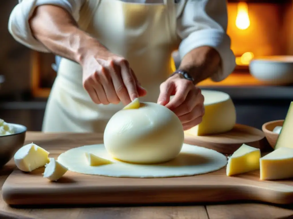 Un maestro quesero moldea con destreza la mozzarella fresca en una cocina rústica