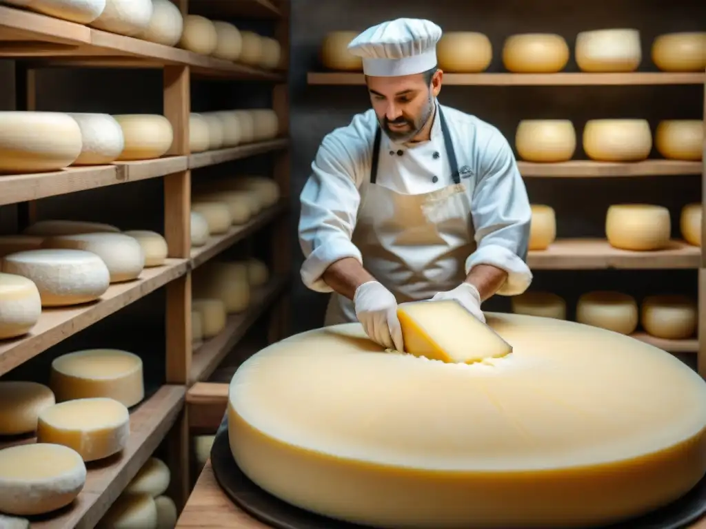 Un maestro quesero en Italia moldea con destreza el Parmigiano Reggiano, evocando tradición y técnicas de fermentación quesos italianos