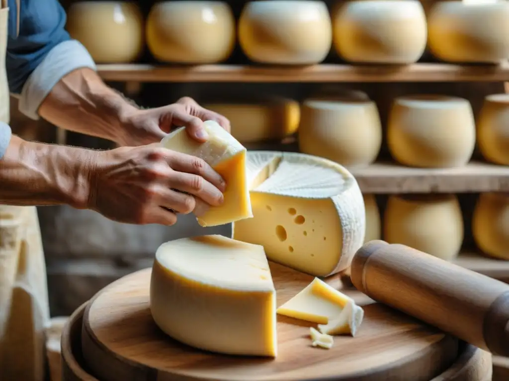 Un maestro quesero moldea con destreza una rueda de queso Parmigiano Reggiano en una granja italiana, mostrando la historia y la cultura quesera