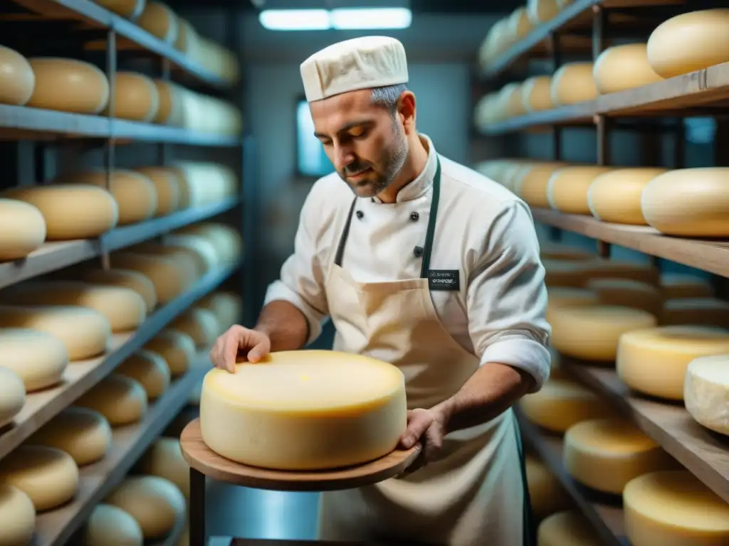 Un maestro quesero moldeando con destreza una rueda de Provolone Valpadana, destacando su proceso tradicional