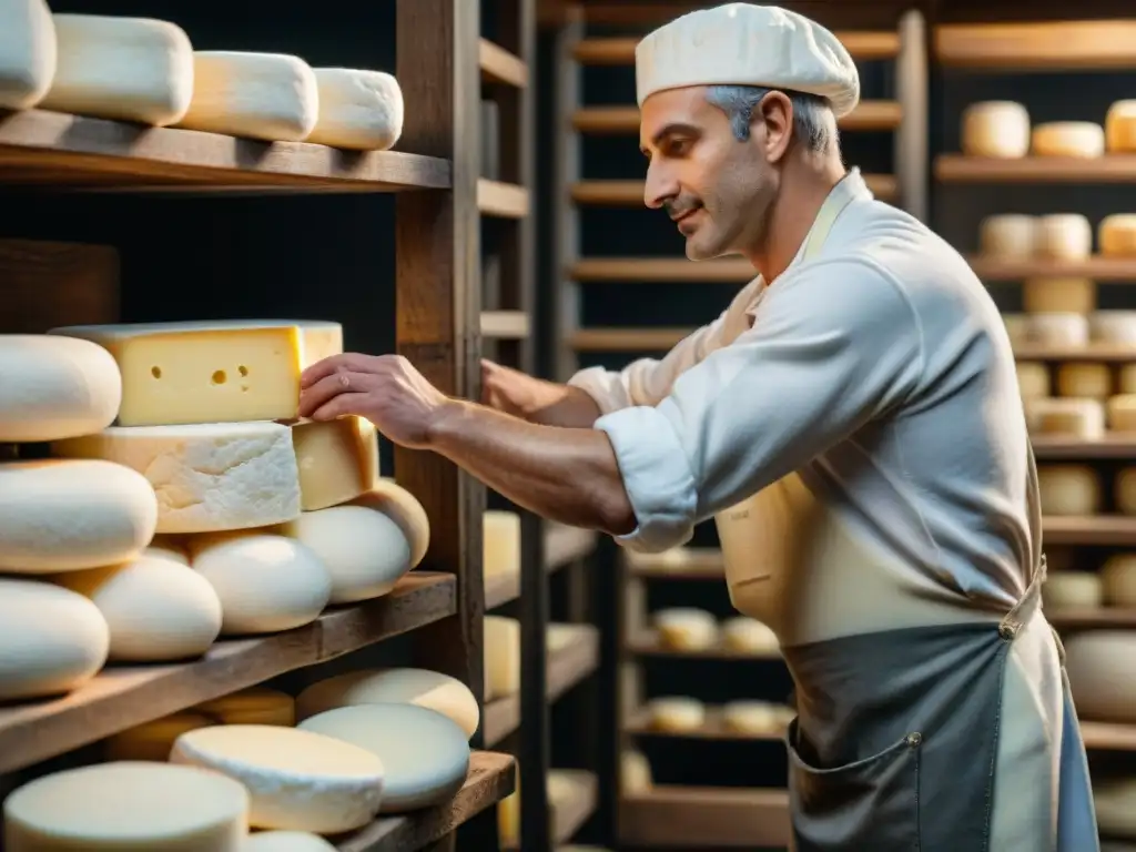 Un maestro quesero moldea con destreza una rueda de queso Robiola en una bodega rústica iluminada débilmente