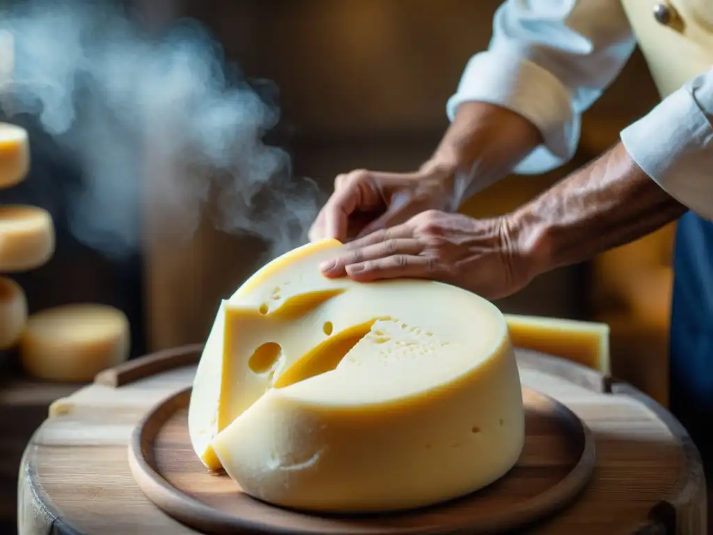 Un maestro quesero moldea con destreza una rueda de queso Grana Padano, resaltando la tradición detrás de este queso italiano