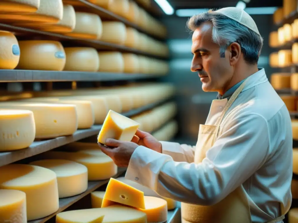 Un maestro quesero inspecciona con detalle una rueda de queso Grana Padano, mostrando texturas e proceso de envejecimiento