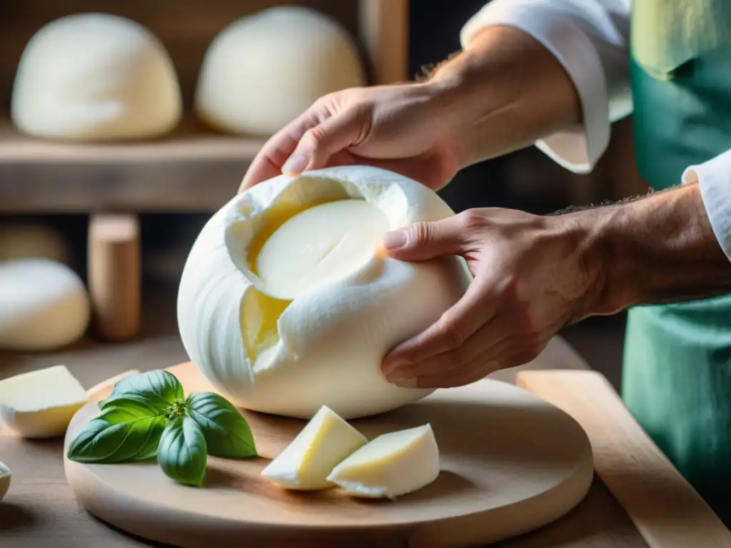 Un maestro quesero experto elaborando burrata a mano, resaltando la artesanía y tradición detrás de este queso italiano