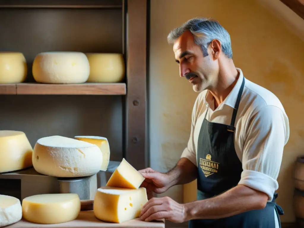 Un maestro quesero experto en una granja tradicional italiana, creando Queso Parmigiano Reggiano con añejas técnicas