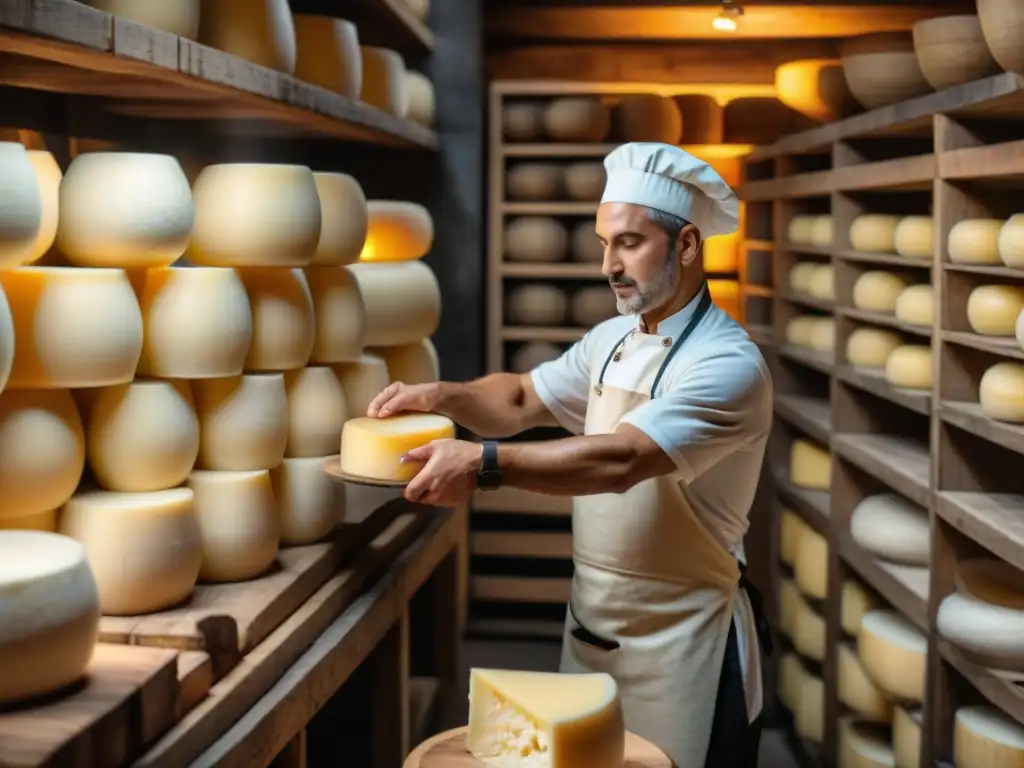 Un maestro quesero experto elaborando un Parmigiano Reggiano, en una bodega rústica llena de quesos