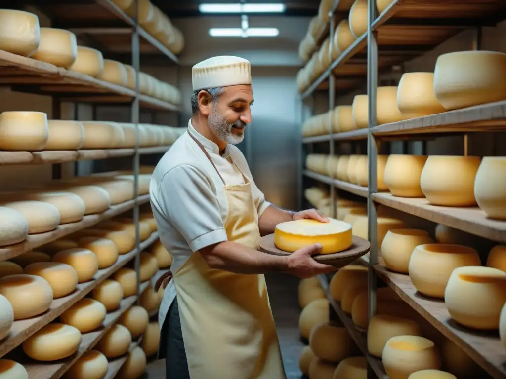 Un maestro quesero en una fábrica de queso italiana, creando Parmigiano Reggiano