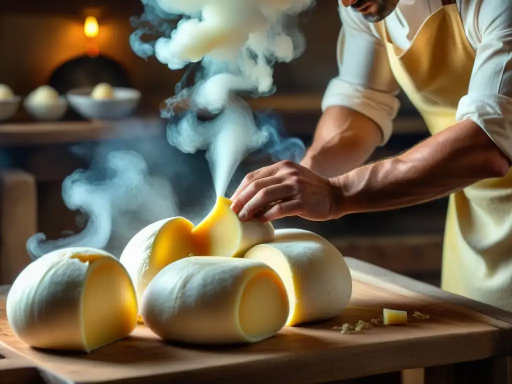 Un maestro quesero italiano moldea Scamorza ahumada en una cocina rústica con luz dorada filtrándose por la ventana