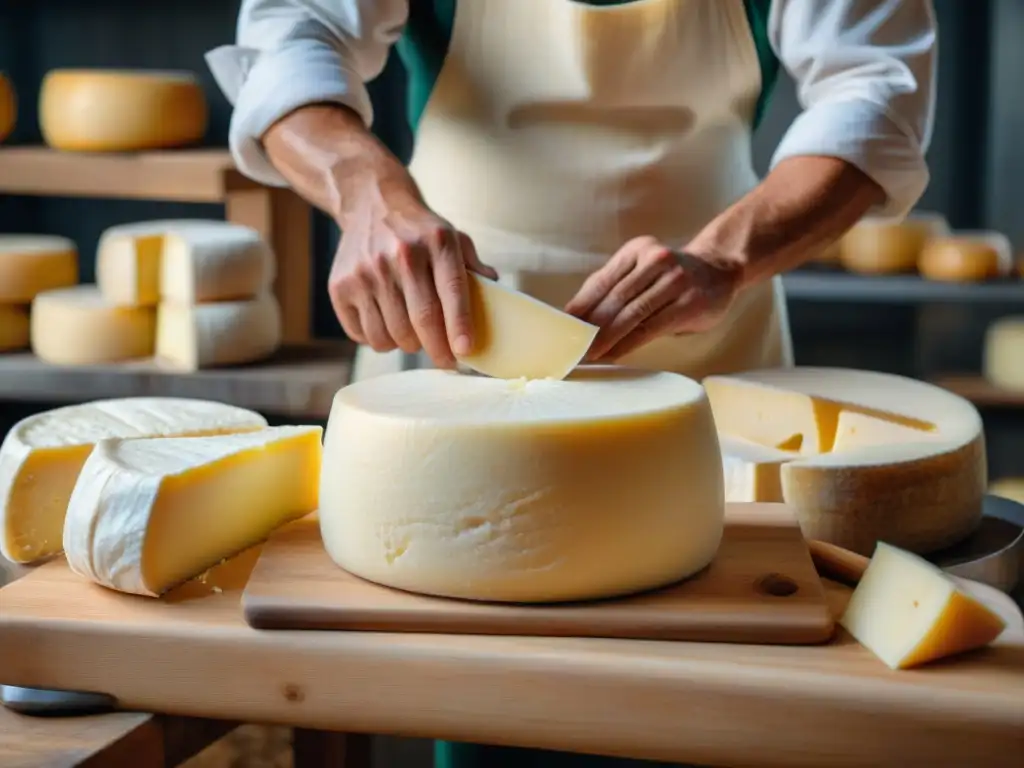 Un maestro quesero italiano elaborando un auténtico queso Parmigiano Reggiano DOP con dedicación y tradición