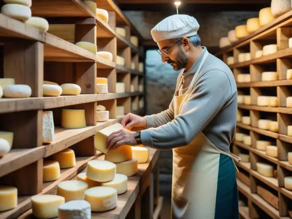 Un maestro quesero italiano en una bodega tradicional en Lombardía elaborando queso Taleggio