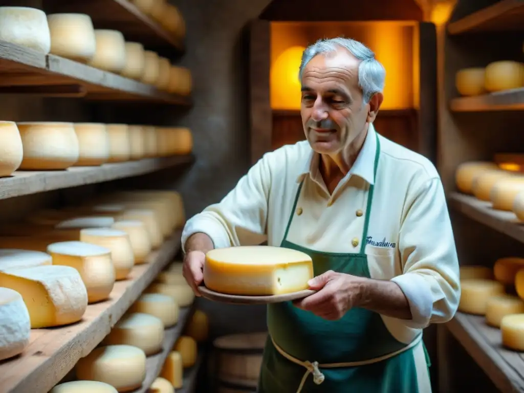 Un maestro quesero italiano en una bodega tradicional, inspeccionando ruedas de queso Grana Padano