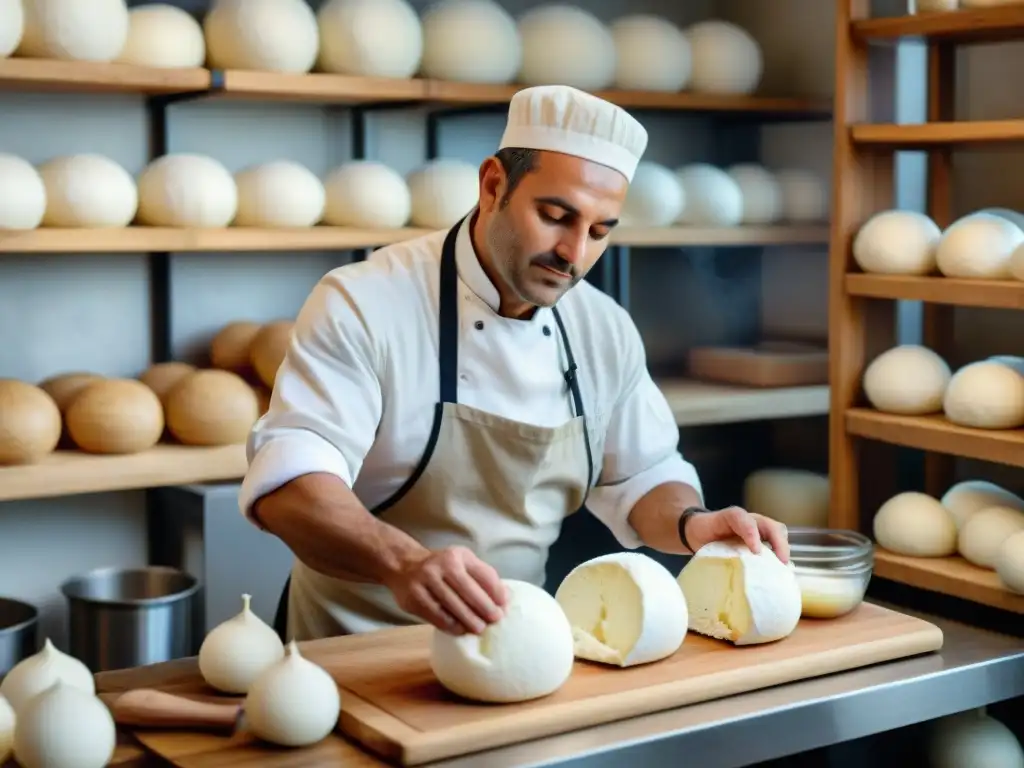 Un maestro quesero italiano elaborando una burrata auténtica para disfrutar, rodeado de vapor y tradición