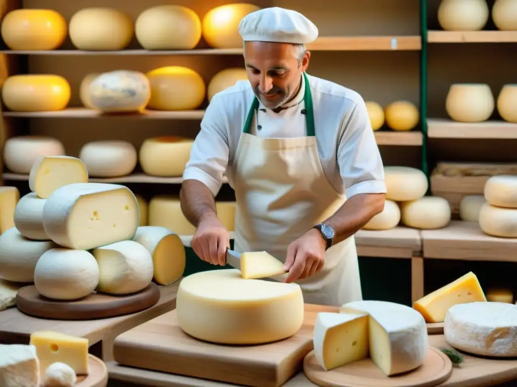 Un maestro quesero italiano artesanalmente elaborando Caciocavallo queso, rodeado de colorido mercado tradicional