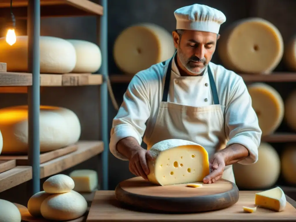 Maestro quesero italiano elaborando Caciocavallo queso tradicional en bodega rústica