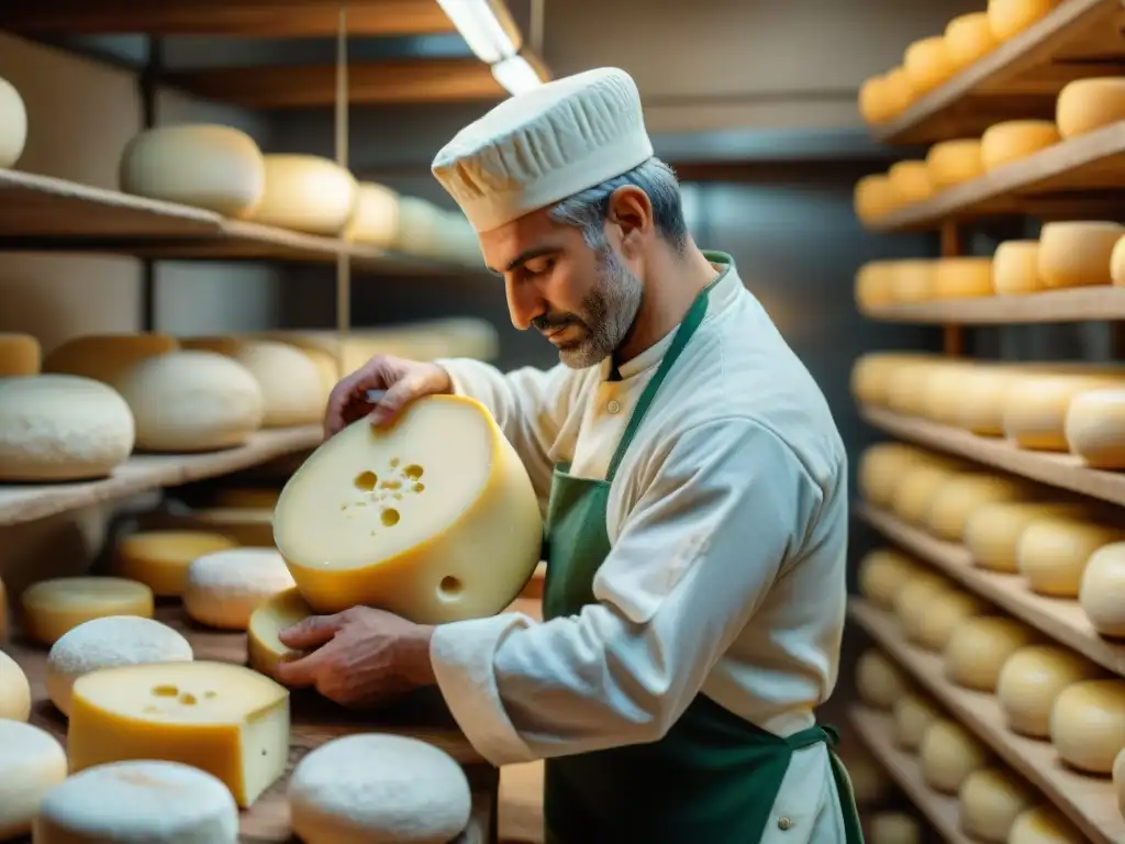 Un maestro quesero italiano moldeando un Caciocavallo queso italiano tradicional con destreza en una fábrica rústica de campo