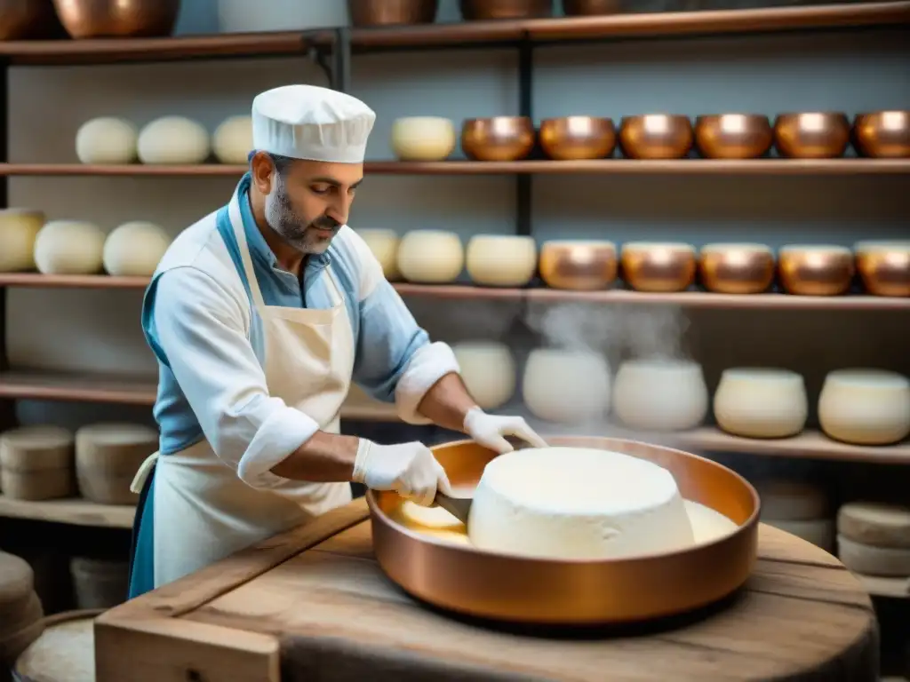 Un maestro quesero italiano en una cocina tradicional haciendo queso Stracchino, respetando la tradición