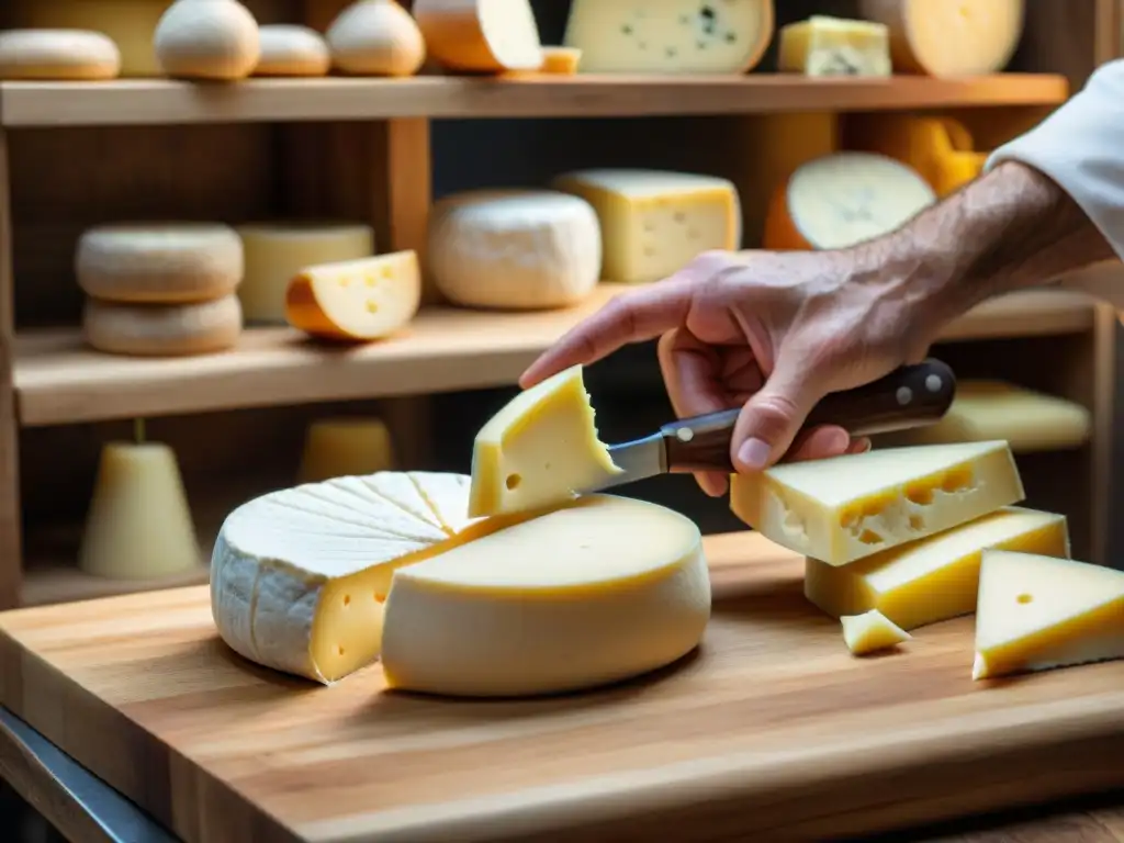 Un maestro quesero italiano corta con destreza una rueda de queso Stracchino, revelando su textura cremosa