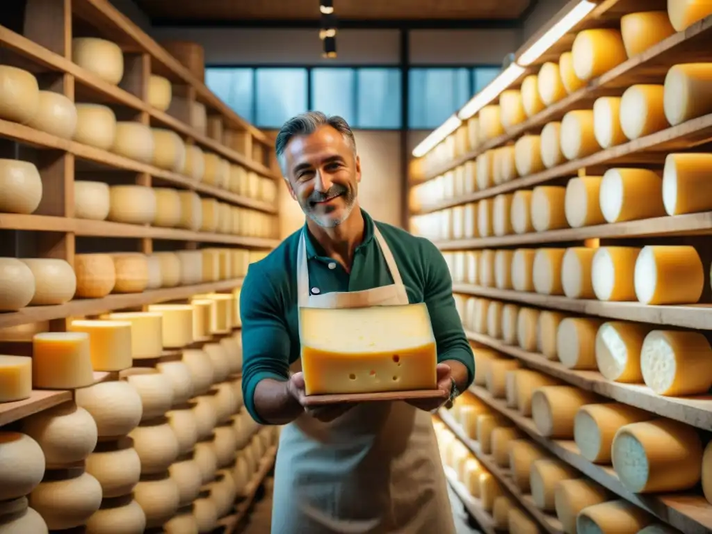 Un maestro quesero italiano corta con maestría un Parmigiano Reggiano DOP, destacando la textura y vetas del queso