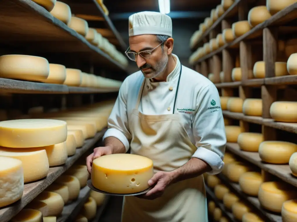 Un maestro quesero italiano inspecciona con cuidado las ruedas de Grana Padano en una bodega rústica y tenue