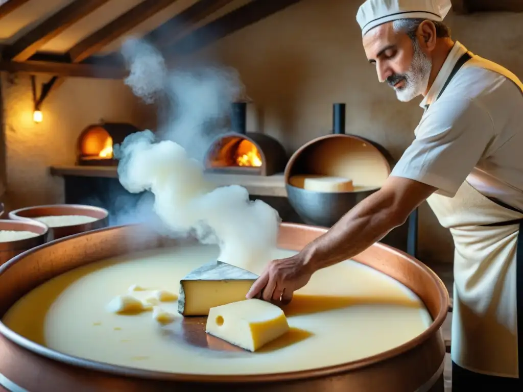 Un maestro quesero italiano remueve con cuidado el cuajo en una gran cuba de cobre, resaltando la importancia de la fermentación en la creación de quesos auténticos