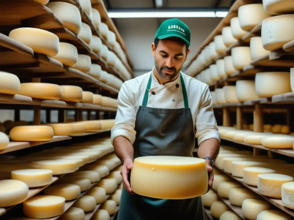 Un maestro quesero italiano inspecciona con cuidado una rueda de Parmigiano Reggiano, destacando las últimas tendencias en quesos italianos