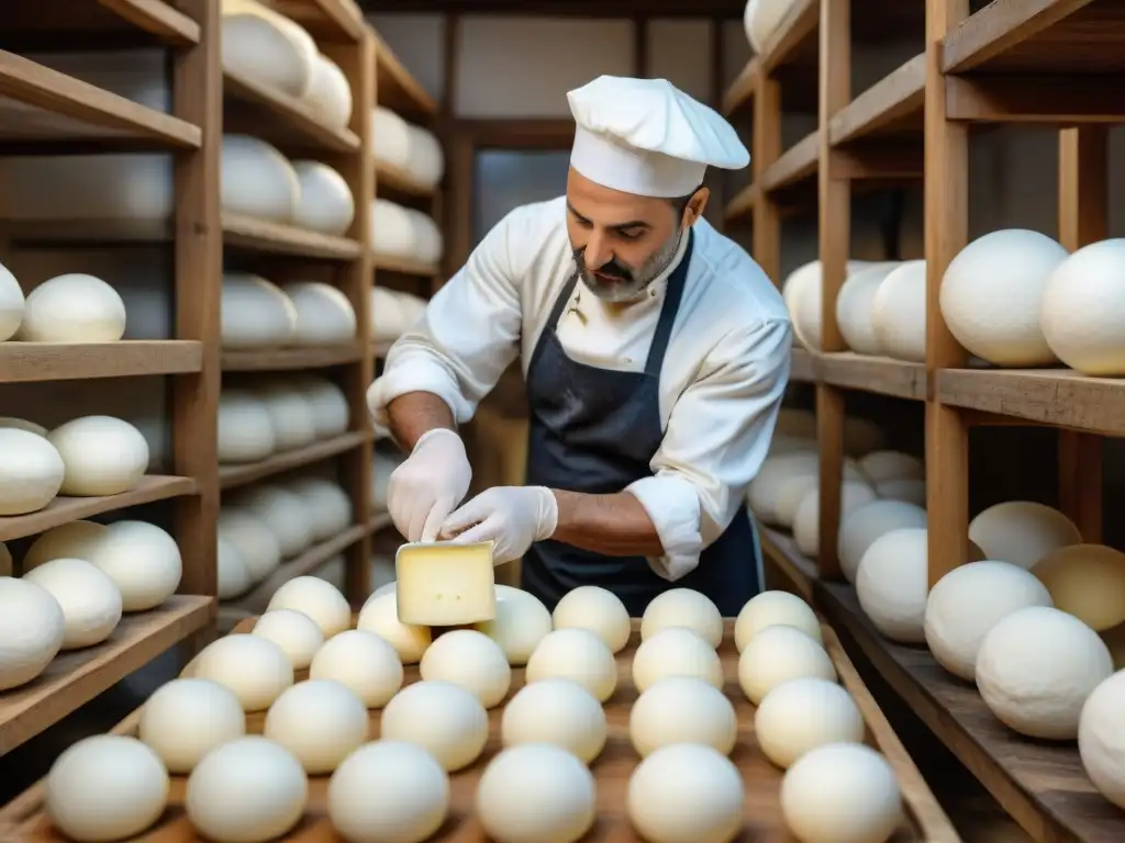 Un maestro quesero italiano moldea con destreza la mozzarella fresca, mostrando la historia de la cocina italiana