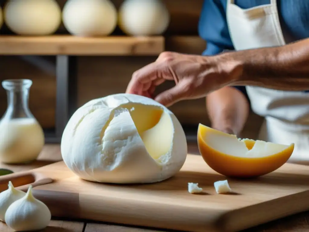 Un maestro quesero italiano elabora con destreza una auténtica burrata en una cocina rústica del sur de Italia