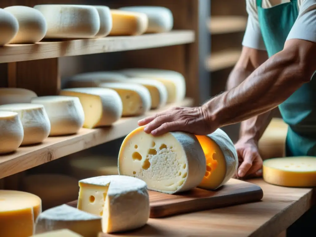 Un maestro quesero italiano DOP moldea con destreza una rueda de queso, resaltando la tradición y artesanía