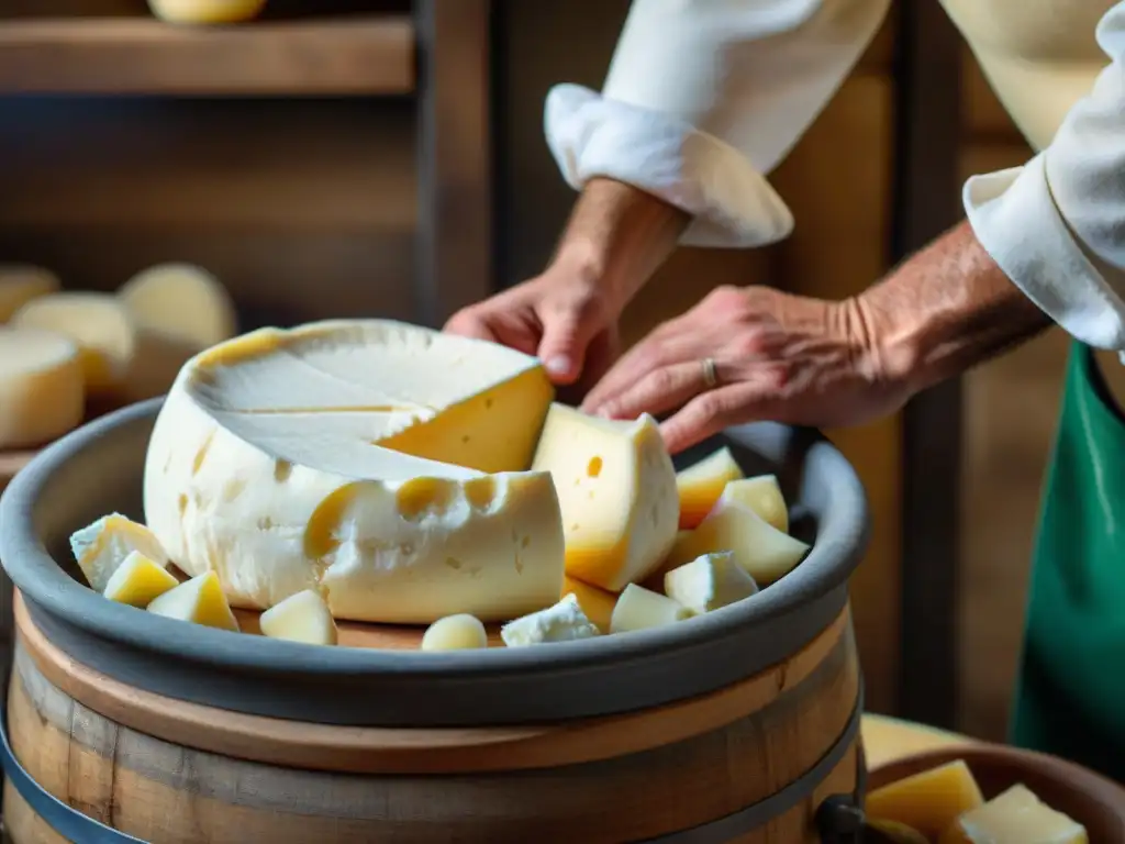 Un maestro quesero italiano moldea con destreza los frescos cuajos de queso Stracchino en un ambiente tradicional