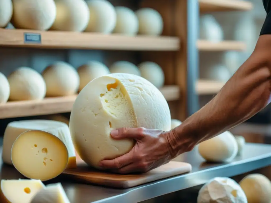 Un maestro quesero italiano moldea con destreza un fresco Caciocavallo, resaltando la tradición artesanal