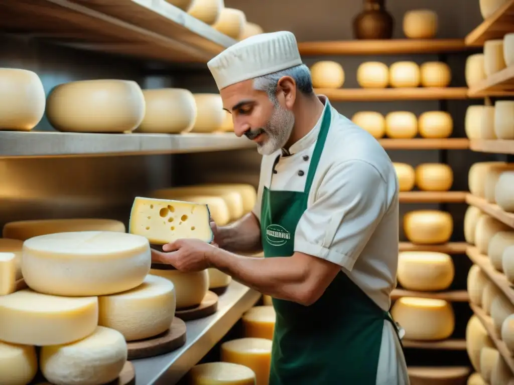 El maestro quesero italiano moldea con destreza una rueda de Parmigiano Reggiano, revelando los secretos de la cocina italiana