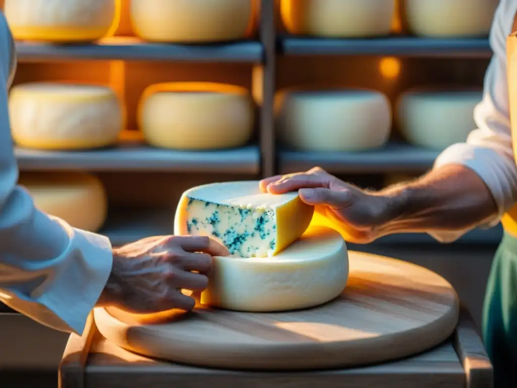 Artesanía: Maestro quesero elaborando queso Gorgonzola en granja italiana Un maestro quesero italiano elaborando con destreza un queso Gorgonzola, en una quesería rústica