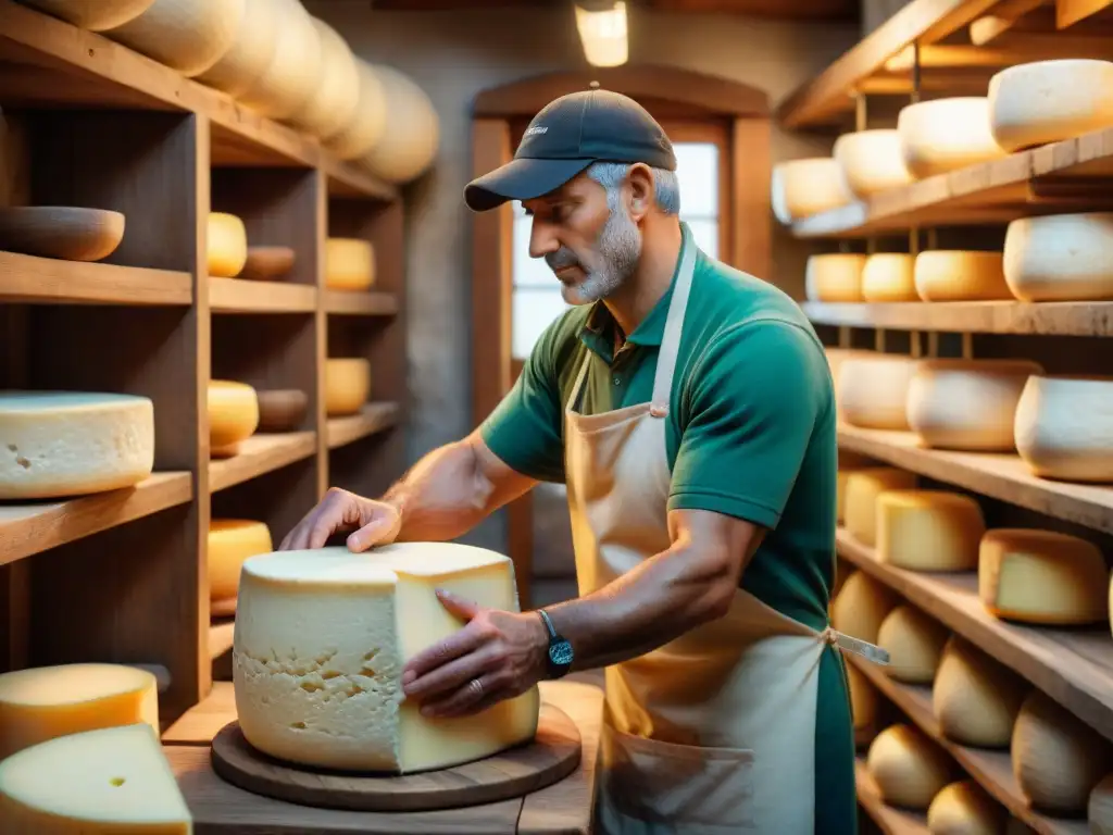 Un maestro quesero italiano moldea con destreza una rueda de ParmigianoReggiano en una bodega centenaria