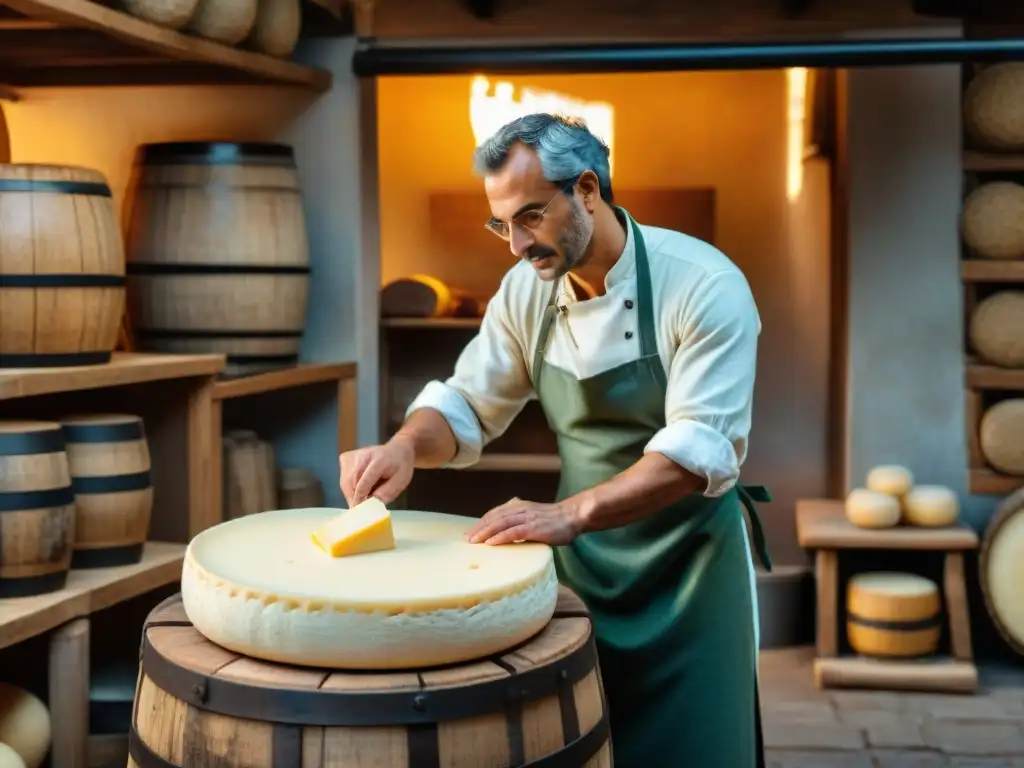 Maestro quesero italiano en entorno rústico creando un queso Robiola a mano