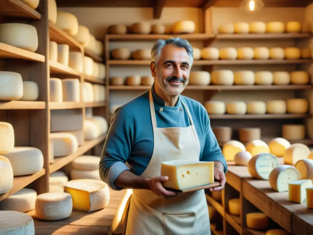 Un maestro quesero italiano en un entorno campestre, creando ruedas de Parmigiano Reggiano