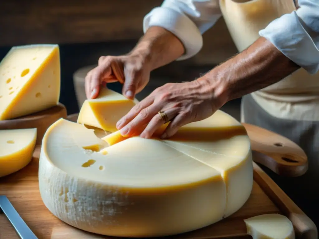 Un maestro quesero italiano experto en la elaboración de queso Parmigiano Reggiano, en un festival tradicional de queso en Italia