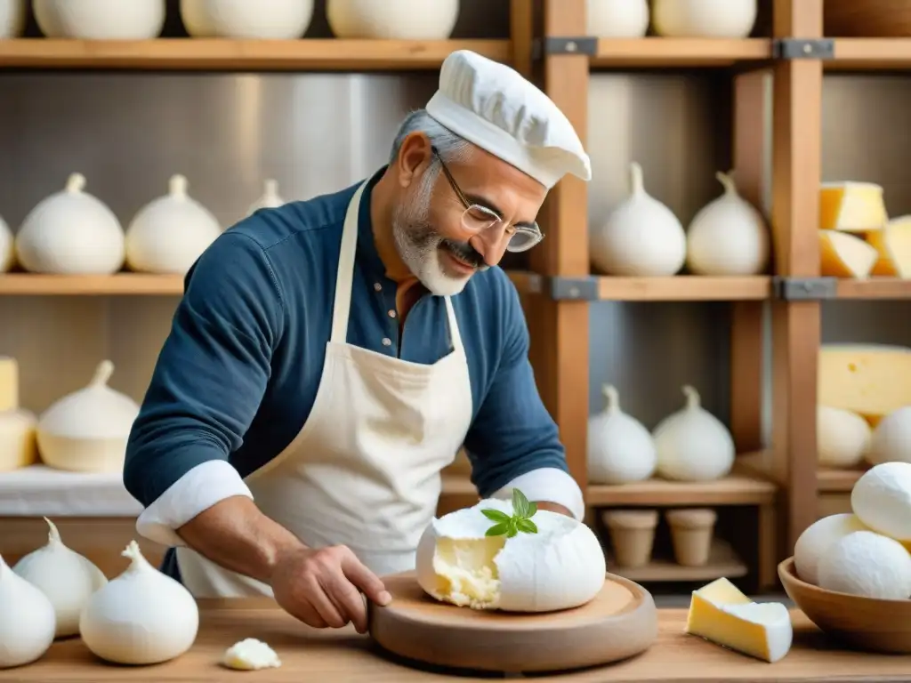 Un maestro quesero italiano experto elaborando una receta auténtica de burrata en una granja tradicional