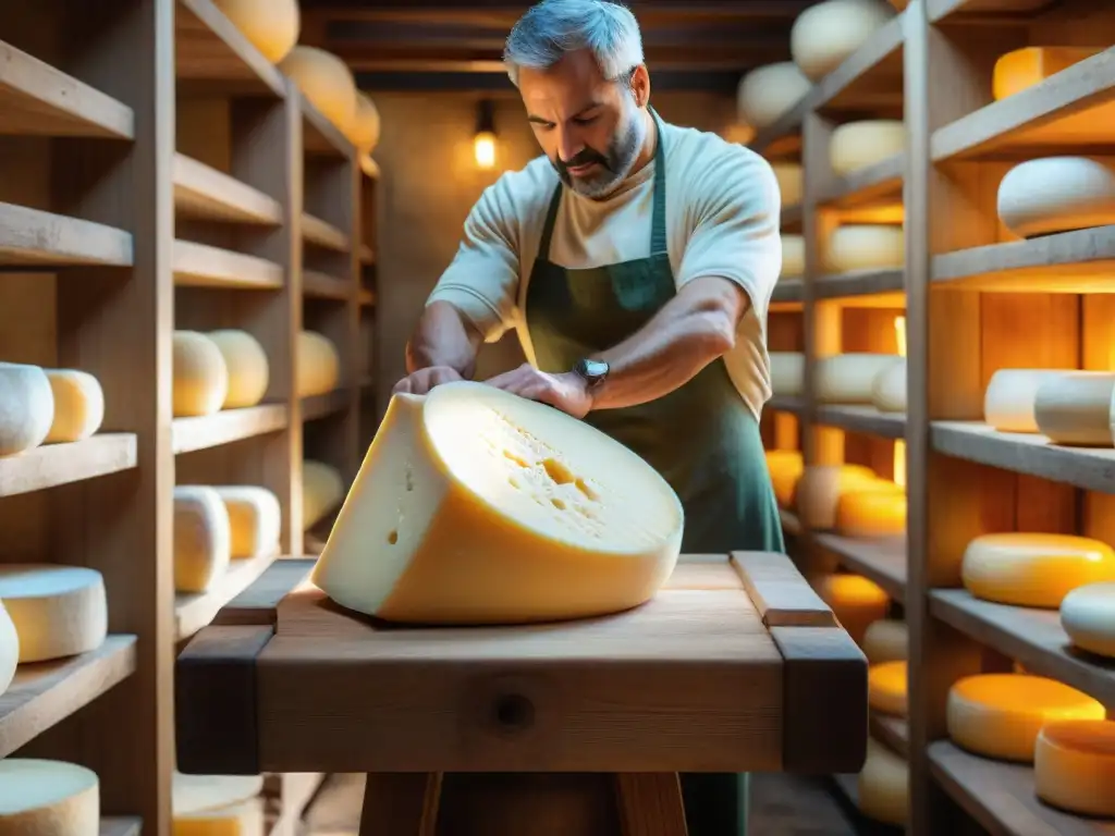 Un maestro quesero italiano experto en DOP creando queso Parmigiano Reggiano en su bodega rústica