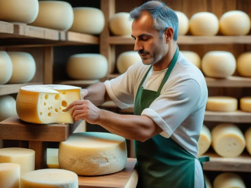 Un maestro quesero italiano experto en la elaboración de queso Parmigiano Reggiano, añadiendo sal con precisión en una bodega rústica